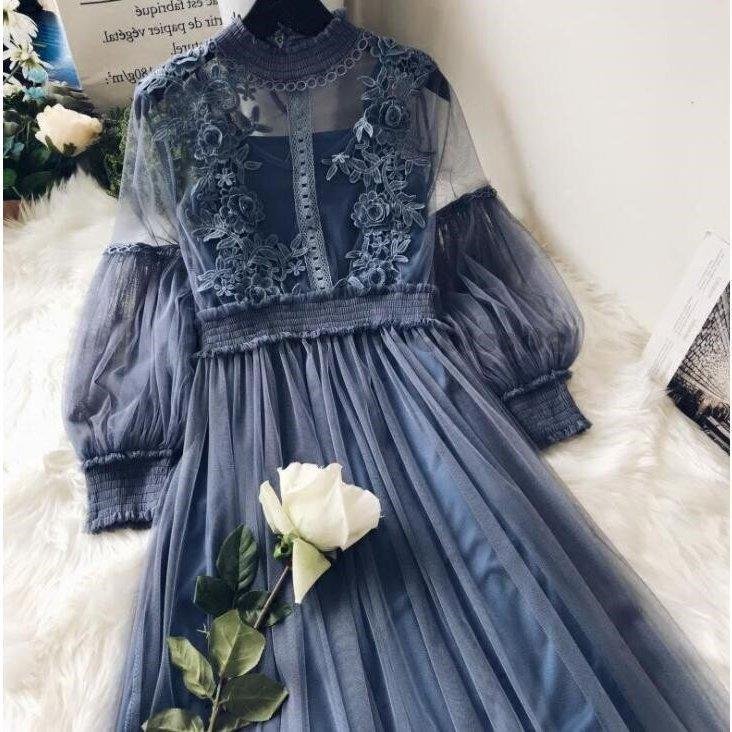 パーティードレス ミモレ丈 袖あり 結婚式 ワンピース レースワンピース 20代 30代 演奏会 40代 二次会 シースルー 50代 バルーン袖 ロングドレス 発表会  vii2f943368