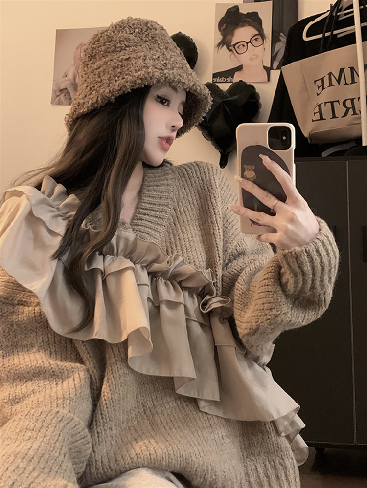 フリル Vネック セーター ニット 韓国 オルチャン レディース 衣装 原宿系 K-POP ガーストリート  vii2g252323