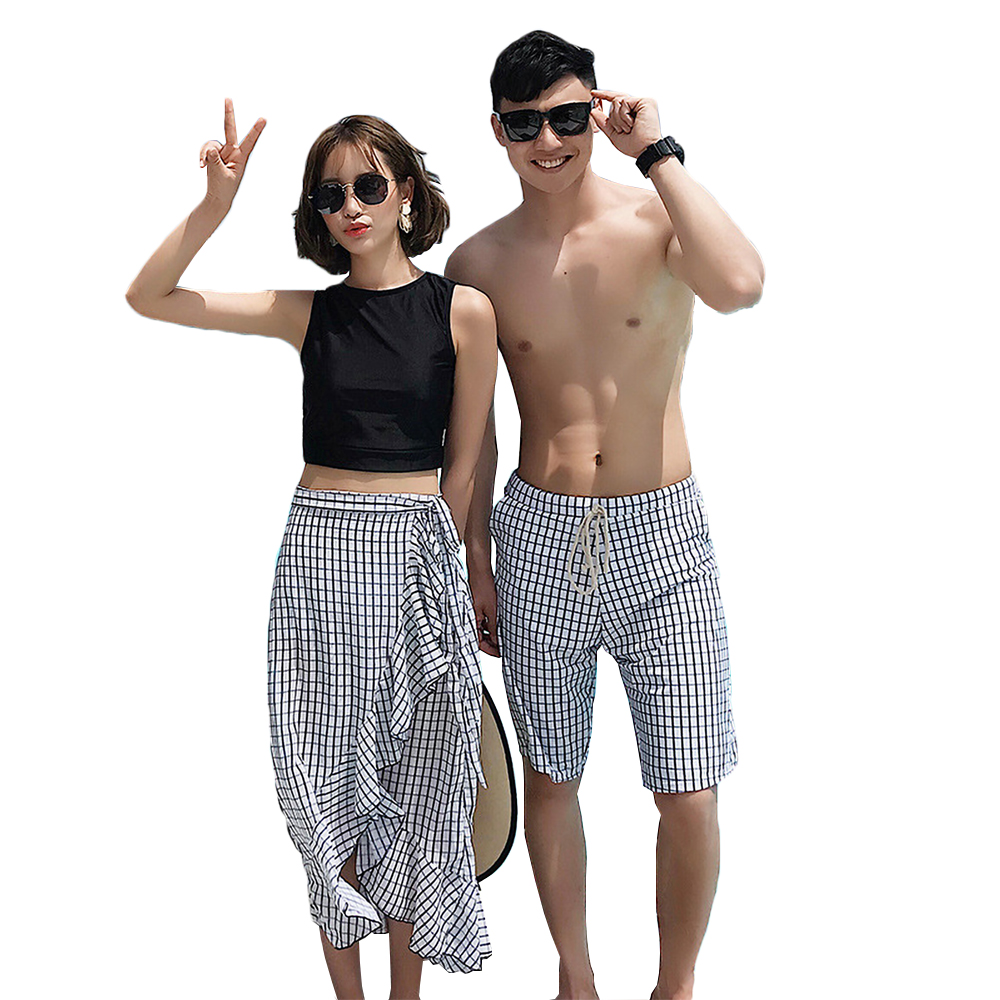 短納期 ペア 水着 カップル レディース メンズ ハイネック チェック柄 サーフパンツ ショーツ ノンワイヤー ペアルック 水着 バッククロス マキシ丈スカート  vii3u199168