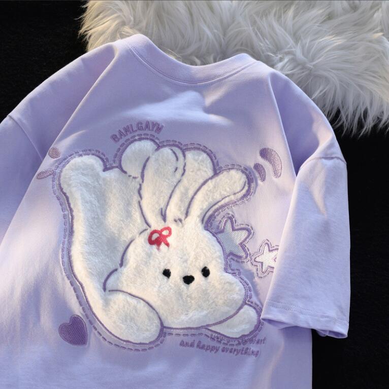 安い レディースTシャツ 半袖 ドロップショルダー ゆったり うさぎ トップス ラウンド襟 レディース  vii3v377588