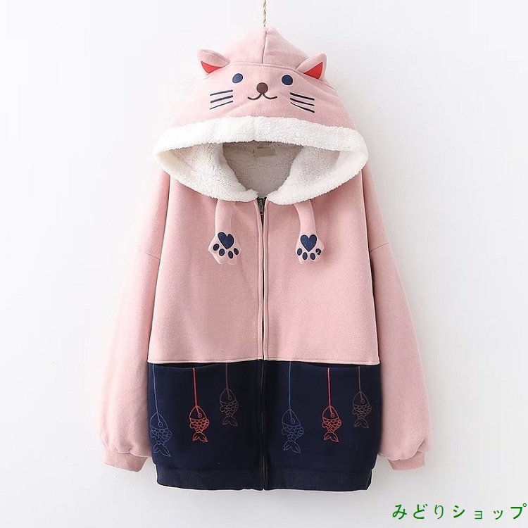アウター コート 裏起毛 裏ボア 猫ちゃん 魚 レディース 森ガール 長袖  vii3v681384