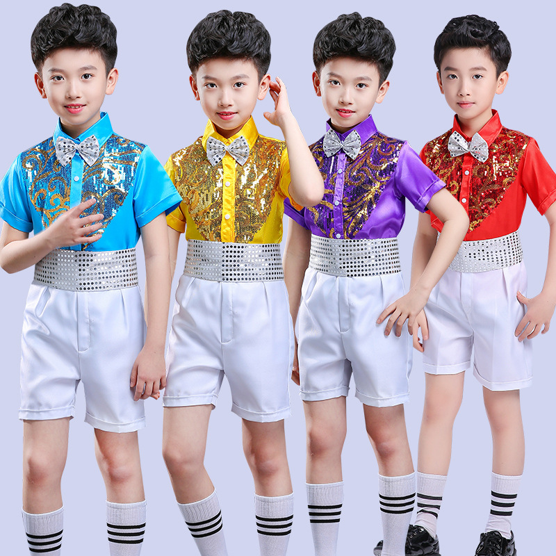 子供 上下セット キッズ 男の子 ダンスウェア パーティー 発表会 学園祭 公演着 ショートパンツ 舞台衣装 コスチューム スパン半袖シャツ フォーマル  vii3v755363