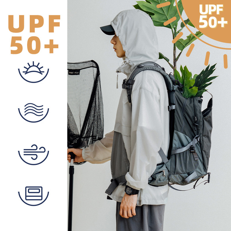 マウンテンウィンドブレーカー メンズ フード付き UPF50 カンガルーポケット付き ハーフジップ仕様 プルオーバー 薄手 UVカット 軽量 メッシュ  vii3x696139