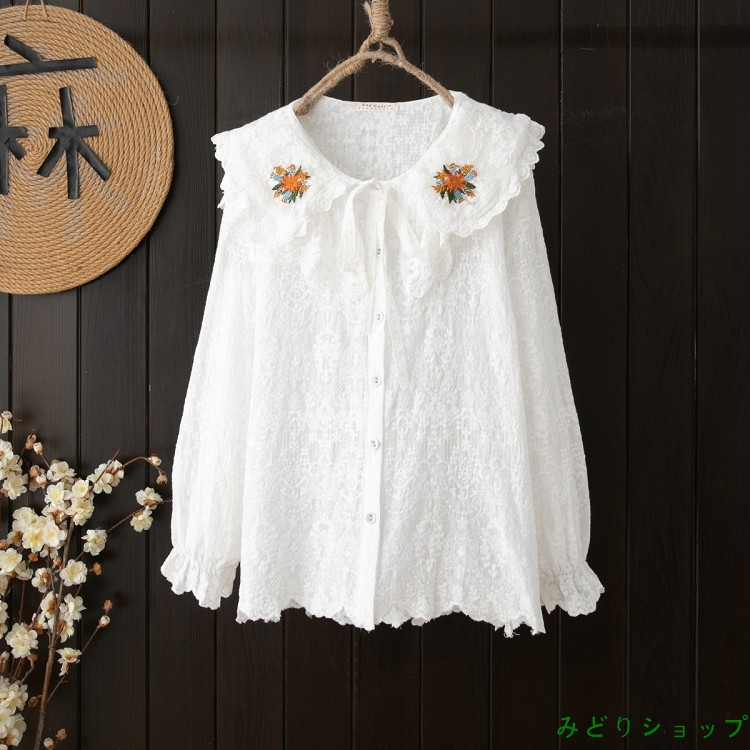 長袖 シャツ ブラウス 花柄刺 白 ホワイト レディース 萌え レース  vii4u467731