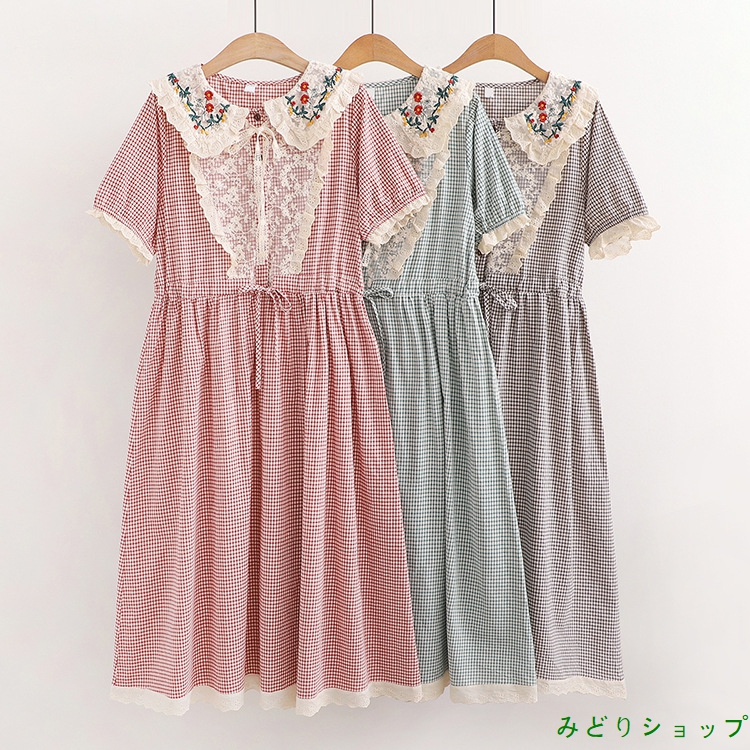 半袖 ワンピース ドレス 花柄刺 レース チェック レディース  vii4u927528